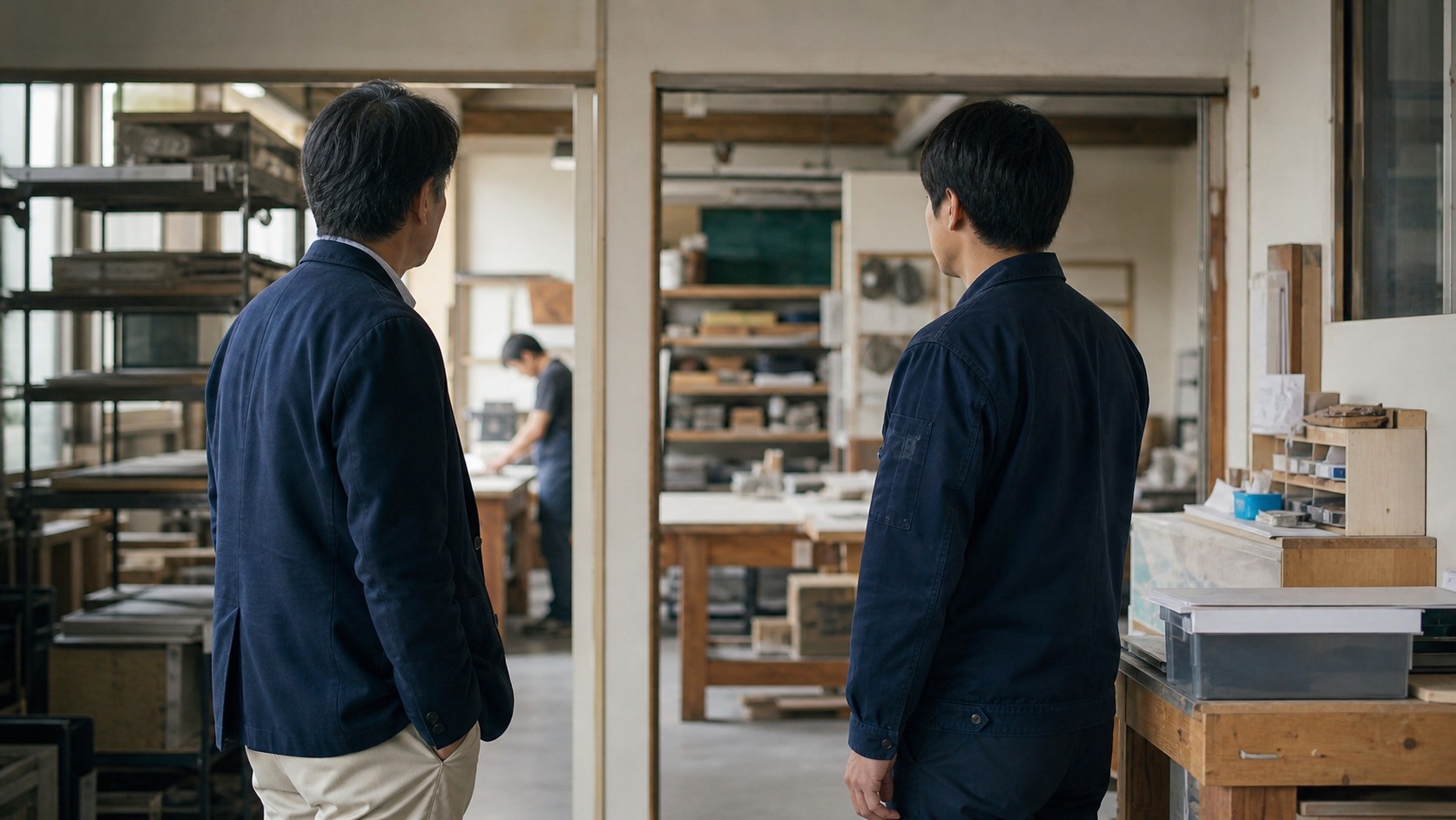 同じ職場の現場を並んで見つめる経営者と社員