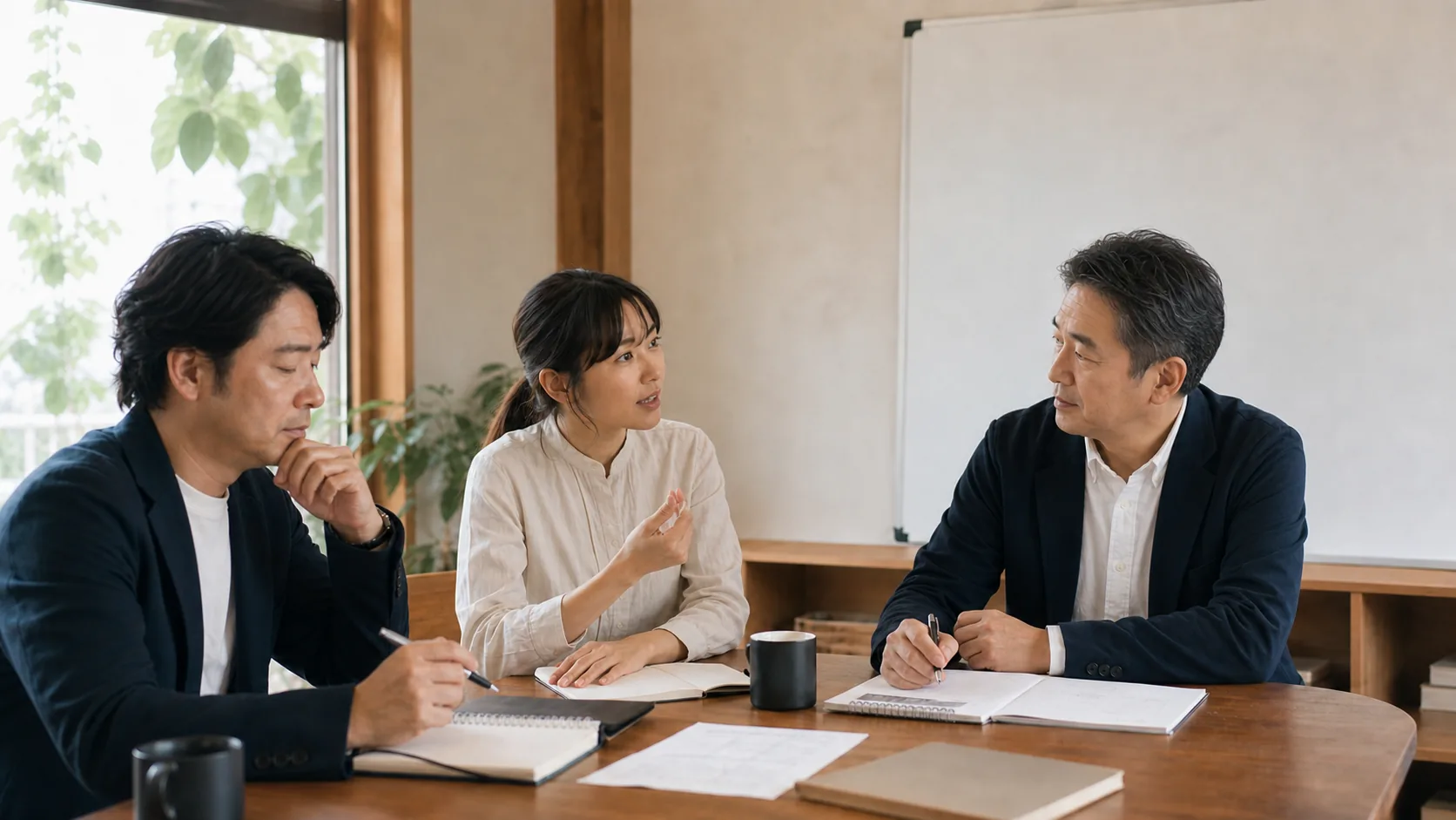少人数でノートを広げながら話し合う三人