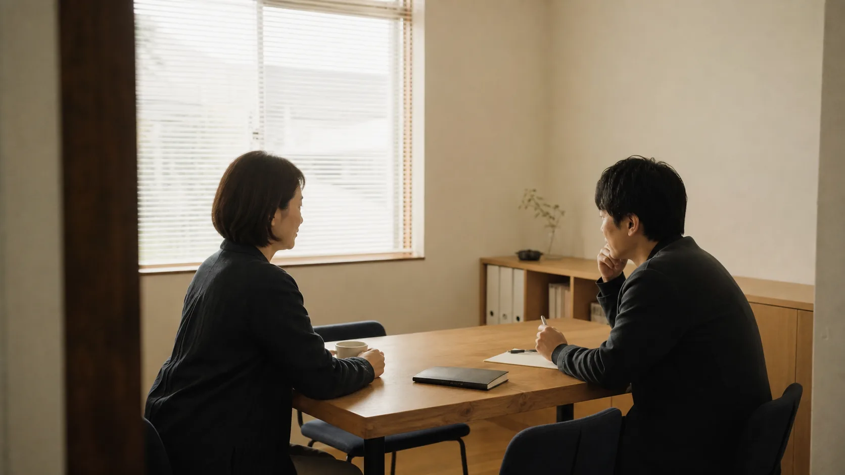 静かな会議室で向き合い、対話する二人
