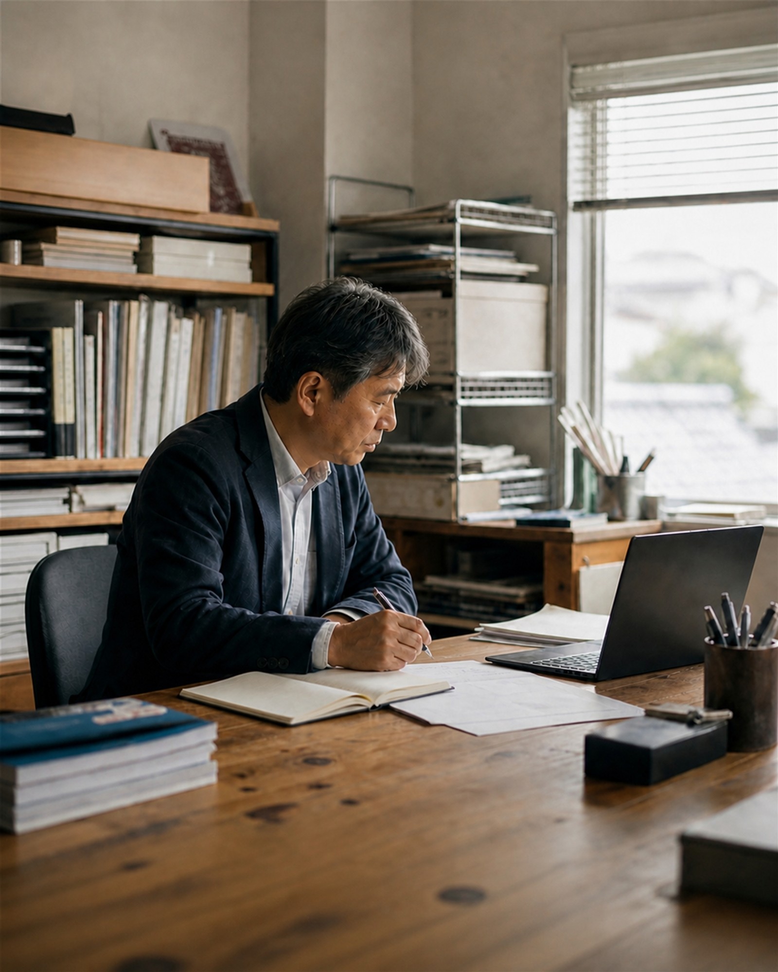書類やノートを前に、一人で考えを整理する経営者