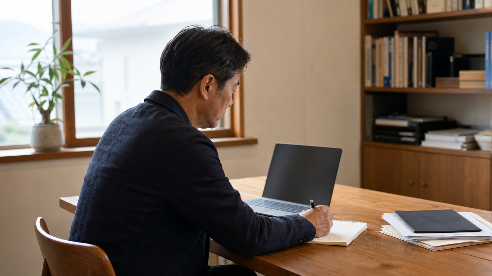 ノートパソコンに向かい、手元のノートに書きながら自分の考えを整理する経営者